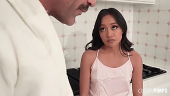 Jade Kimiko, A Sweet And Petite Asian, Is Discovered In The Kitchen By Charles Dera And Proceeds To Engage In A Passionate Encounter With His Impressive Manhood